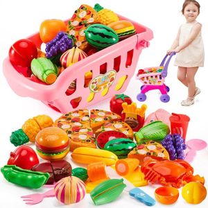 DINETTE - CUISINE 25pcs Jouet Cuisine Dinette Chariot de Courses Supermarché Enfant Aliment Fruits et Légumes Jouets à Couper, Accessoires Jeu de Cuis
