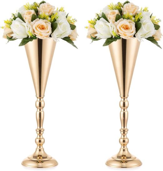Lot De 2 Vases Trompettes En Métal Doré - Hauteur 56 Cm - Pour Centre De Table De Mariage, Fête, Décoration Intérieure
