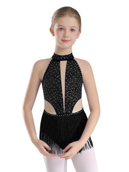 Justaucorps Danse Latine Enfant Fille - Sans Manches, Dos Nu - Strass Et Pompons - Taille 5-16 Ans - Pour Spectacle, Compétition - 5