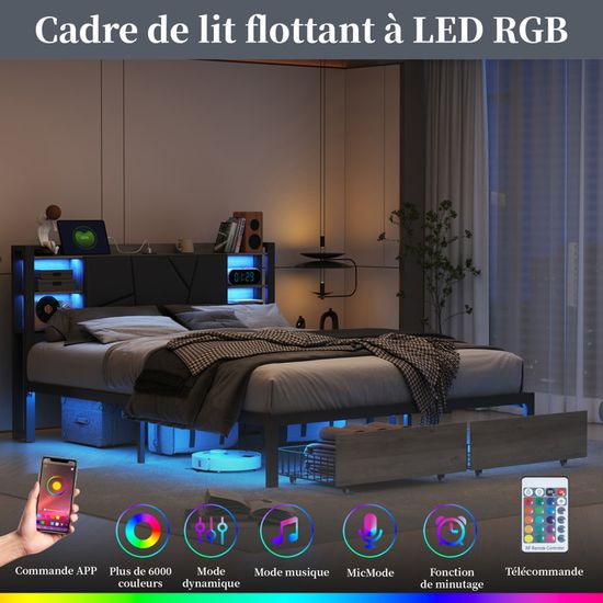Yaheetech Cadre De Lit Noir Lit Double En Métal Pour Adultes Grande Espace En Lattes 160x200 Cm