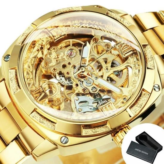 Montre Squelette Automatique Homme - Boîtier Carbone Noir, Bracelet Silicone, Style Luxe - Neuf