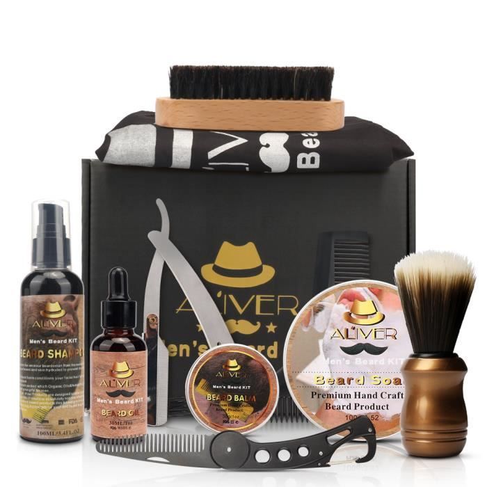 Kit Soin Barbe Homme 11pcs Coffret Barbe avec Shampoing Barbe,Huile Barbe,Rasoir,Peigne Coiffant Barbe Soin Coffret Cadeaux Homme