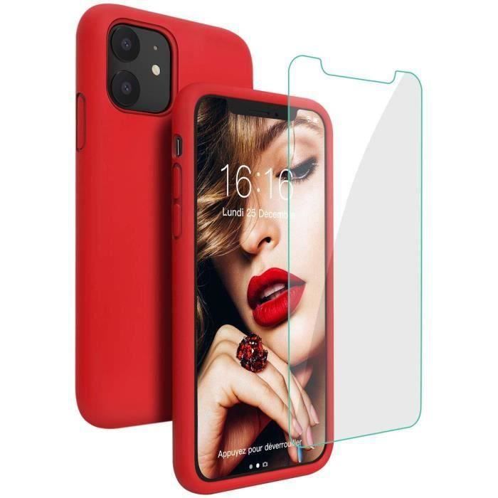 Coque pour iPhone 11 Silicone Liquide avec Protecteur d'écran Gratuit Housse Protective Etui Anti-Choc Anti-Rayure Gel Case Rouge