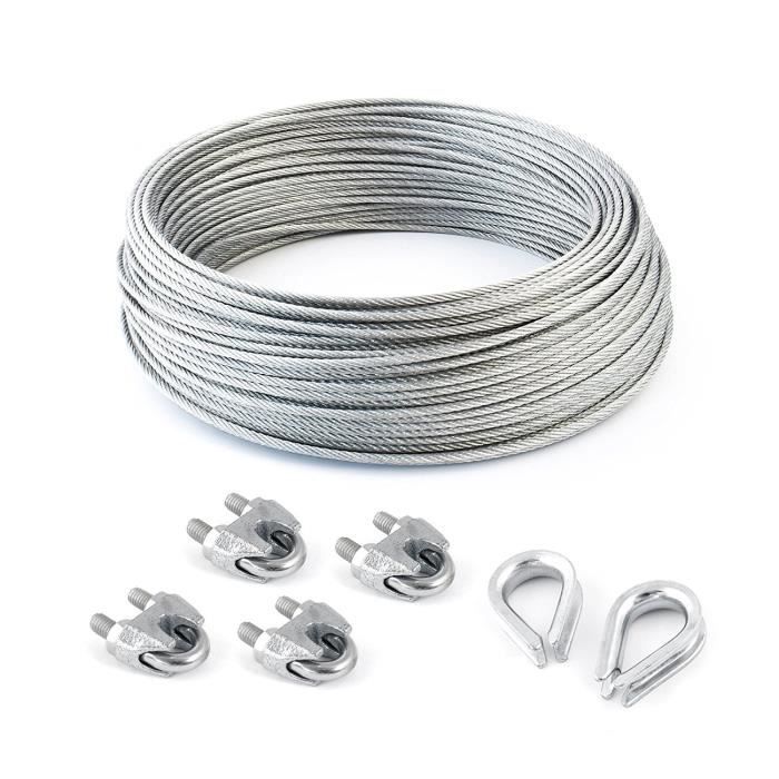 SET 25m câble acier galvanisé 6x37 10mm + 4 serre-câbles étrie et 2 cosse coeur