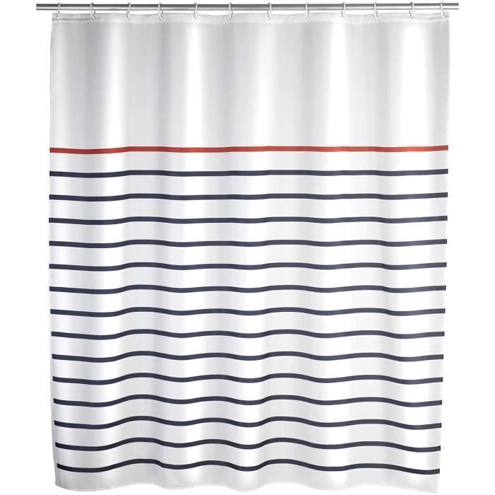 WENKO Rideau de douche Marine blanc - tissu textile haut de gamme, lavable, Polyester, 180 x 200 cm, Multicolore