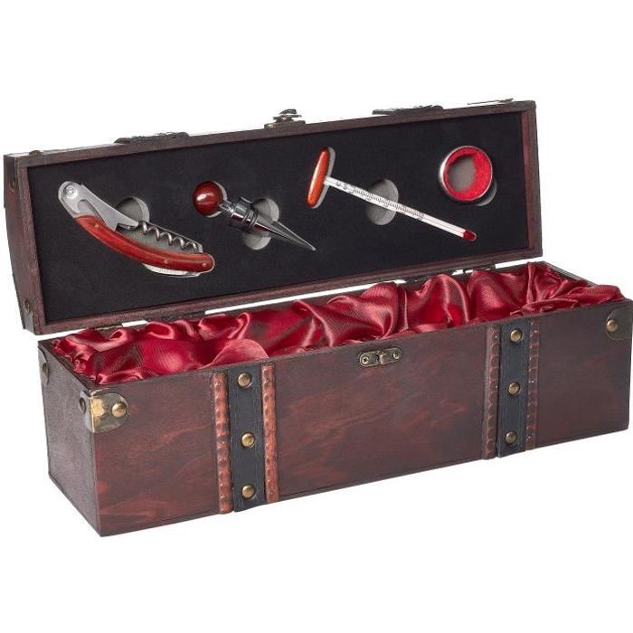 Coffret cadeau avec 1 bouteille de Vin Rouge - Marquis de Lugon 2008 - Coffret en bois - Sommelier (5 pièces)