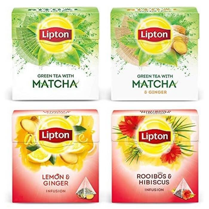 LIPTON Assortiment Herbal, Thés vert Matcha et Matcha Gingembre, Infusions, Roobios Hibiscus et Gingembre Citron (4x20 sachets)