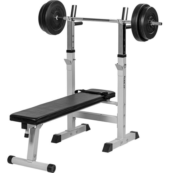 MOVIT® Kit complet avec Banc de musculation blanc + set d'haltères long 30 kg + repose haltères, diamètre 30-31 mm