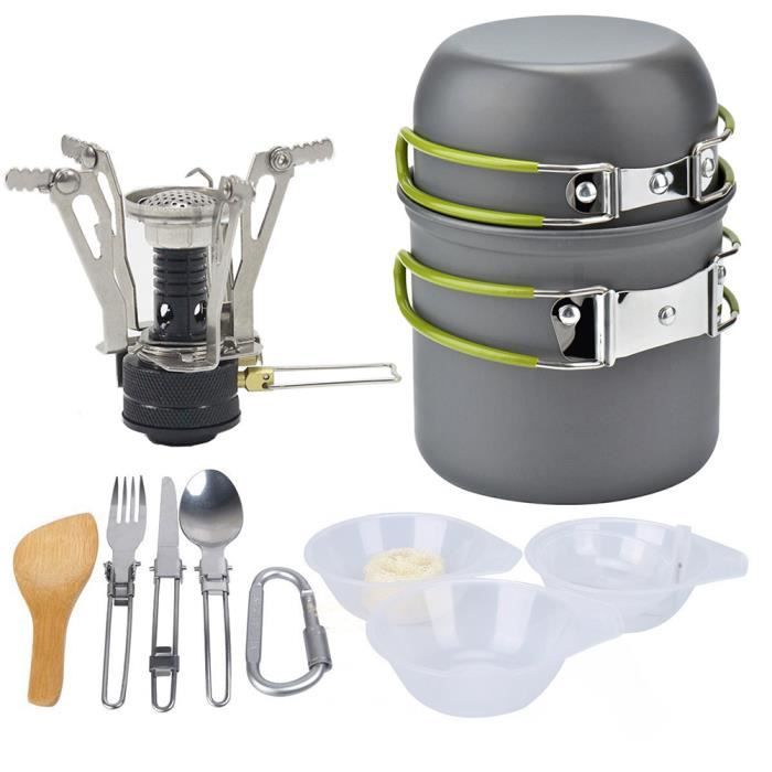 Camping Batterie de cuisine d'extérieur Faire cuire Ensemble réchaud léger pique-nique Mini portable de cuisine verte