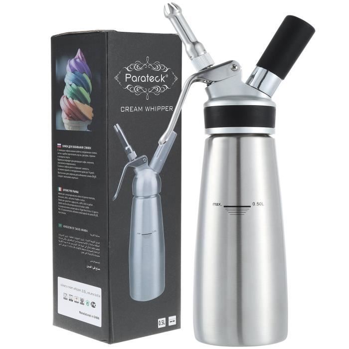 Parateck Siphon à Crème INOX Siphon Chantilly Siphon Cuisine 500ml Acier Inoxydable (Cartouches Non Compris)