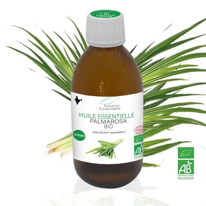 Huile Essentielle BIO de Palmarosa 250 ml. Huile chémotypée ABLabel, Ecocert Bio 100 % Pure et Naturelle ENTREPRISE FRANCAISE