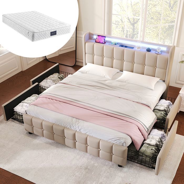 Cadre De Lit Double 140x190 Cm Avec 4 Tiroirs Et Bande LED - Tête De Lit Rembourrée, Station De Charge USB, Support Lattes Inclus - Pas De Sommier Nécessaire - 10