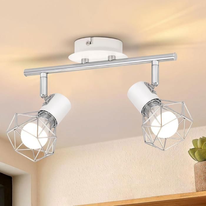 Plafonnier de Style Moderne NETTLIFE - 2 Spots E14 Orientables Métal Blanc Compatible LED Pour Couloir Salon Chambre Cuisine