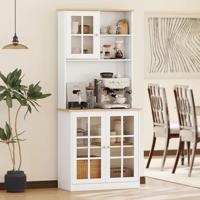 Buffet Cuisine Haut 80x37x183 cm plan travail 3 portes vitrées 2 niches Blanc chêne Buffet Cuisine Haut 80x37x183 cm plan travail 3 portes vitrées 2 niches Blanc chêne