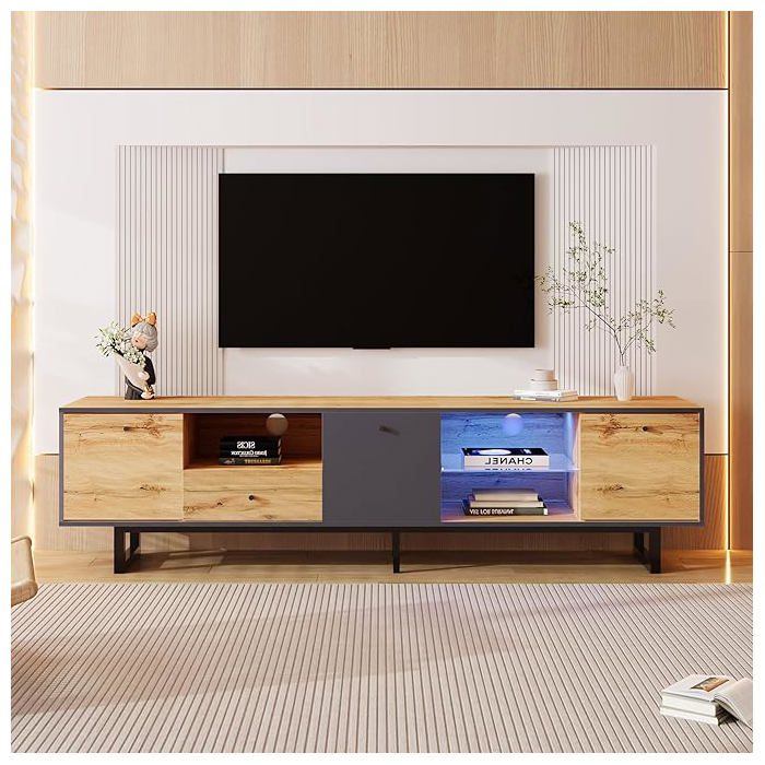 Armoire TV avec LED Eclairage 3 Portes Etagère en Verre Meuble de Salon Style Industriel 190x40x50 cm-NEWRGY