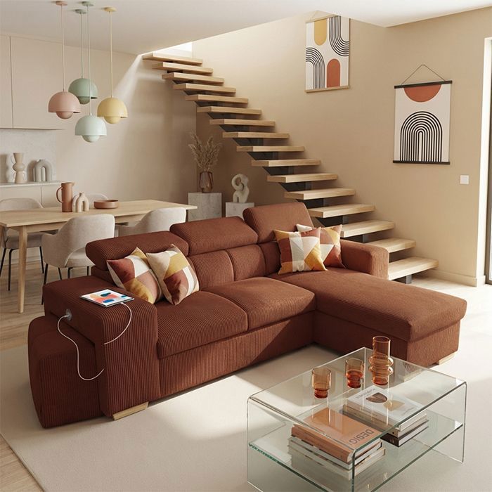 SIRIUS Canapé dangle reversible convertible TERRACOTTA (velours côtelé ) - Taille M - 4 places - 251 x 165 x 94