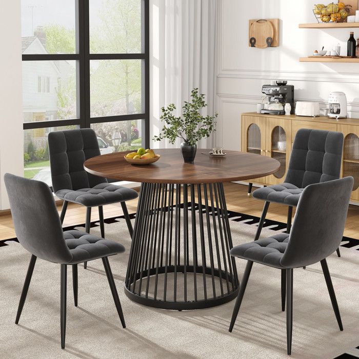 Ensemble de salle à manger moderne (avec 4 chaises)table de cuisine ronde de 80 cm plateau en MDF couleur noyer chaises en velours
