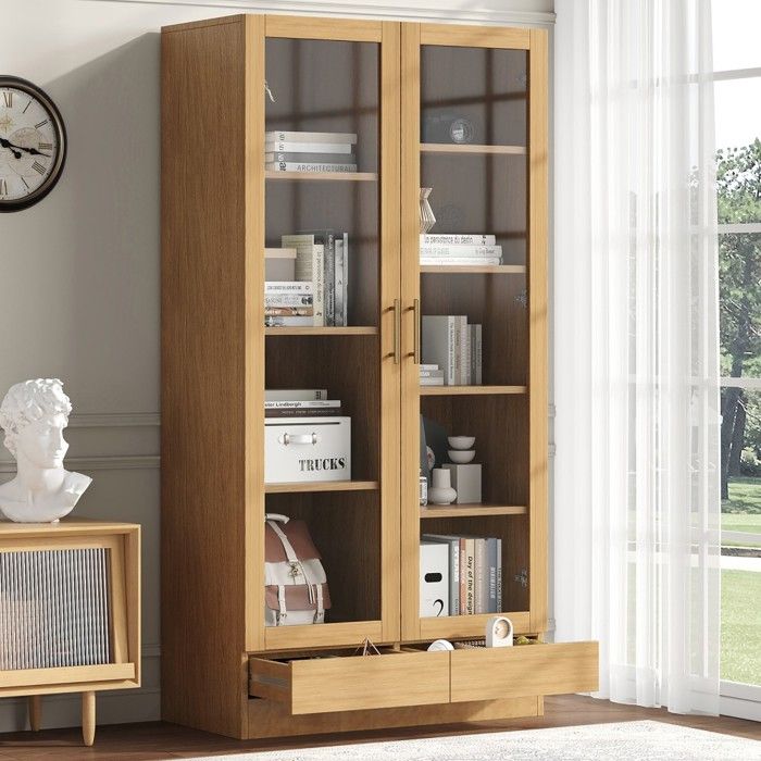 Vitrine armoire bibliothèque 80x40x160 cm étagères décalées tiroirs sans poignées ouverture par pression couleur bois rangement Vitrine armoire bibliothèque 80x40x160 cm étagères décalées tiroirs sans poignées ouverture par pression couleur bois rangement