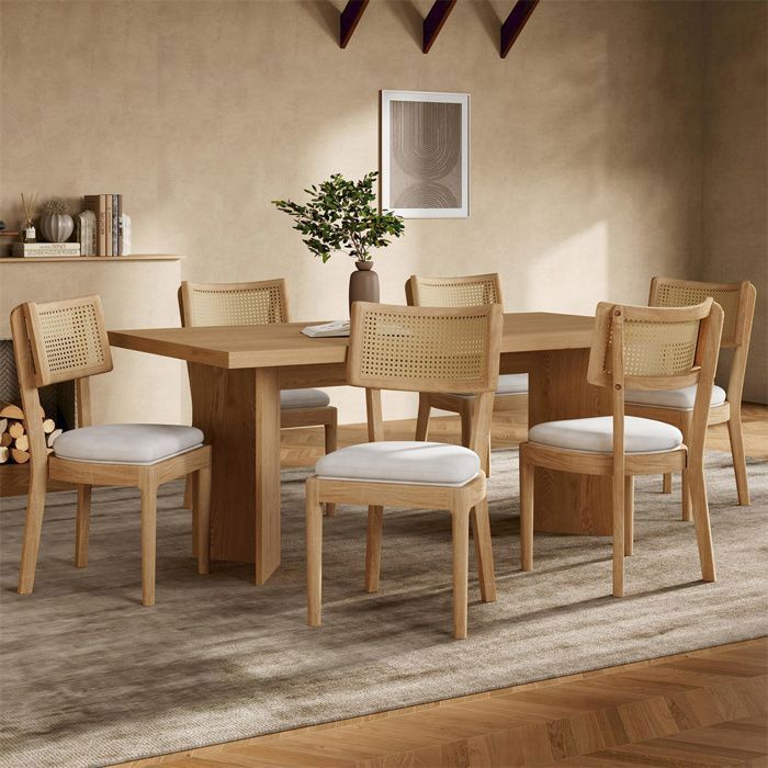 Lot de chaises de salle à manger - YEHTOKHOME - Lot de 6 - Velours capitonné - Dossier rotin tissé main - Bois massif naturel