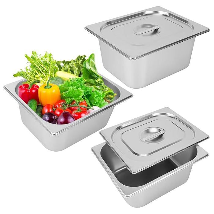 Plateaux Gastronorme GN 1/6 Inox - 3 Unités Empilables avec Couvercles - 17.5x16.6x10cm - Restauration Professionnelle