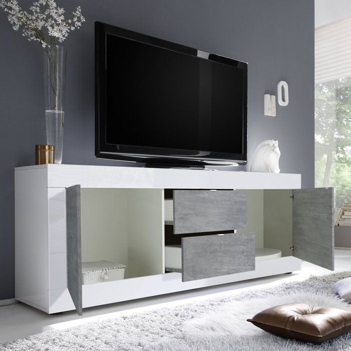 Meuble TV Sinello Dmora en Bois Noble Blanc Brillant 210x43x65h cm Meuble TV Sinello Dmora en Bois Noble Blanc Brillant 210x43x65h cm