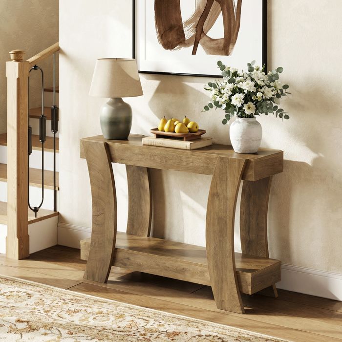 Table Console étroiteLittle Tree120 cm Meuble dEntrée à 2 Niveaux avec Compartiments de RangementMarron Rustique