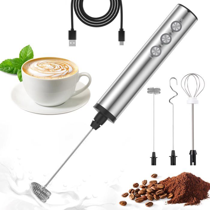 Mousseur à Lait Électrique Mousseur de Lait Rechargeable USB avec 3 Fouets en Acier Inoxydable Réglable en 3 Vitesses pour Café