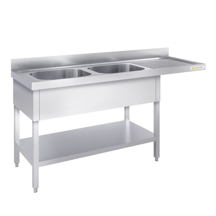 Plonge lave-vaisselle inox 2 bac 2000x700 mm avec égouttoir à droite PREMIUM - GOLDINOX
