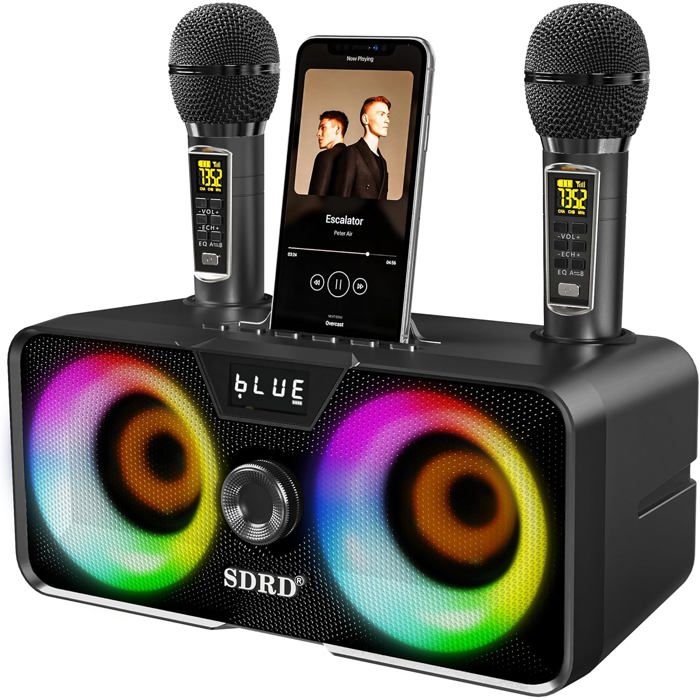 Système de karaoké portable 20W Bluetooth avec 2 micros sans fil - Tout-en-un lumières LED