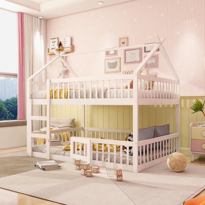 Lit Enfants Multifonctionnel avec escalierModerne loft Lits superposés en Bois Massif avec Garde-Corps (Blanc 140x200cm)