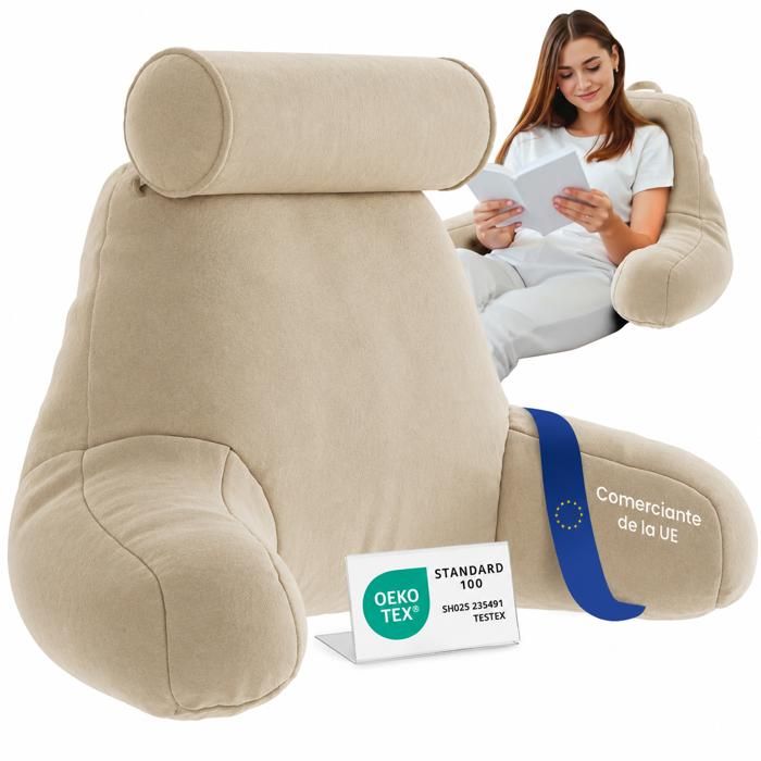 ELONEO coussin de lecture crème avec accoudoirs et rouleau nuque dossier ergonomique lit/canapé 30x72x44 cm