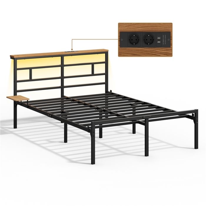 Yaheetech Cadre de Lit avec Tête LED Station Charge Étagères 140 × 200 cm Noir Yaheetech Cadre de Lit avec Tête LED Station Charge Étagères 140 × 200 cm Noir