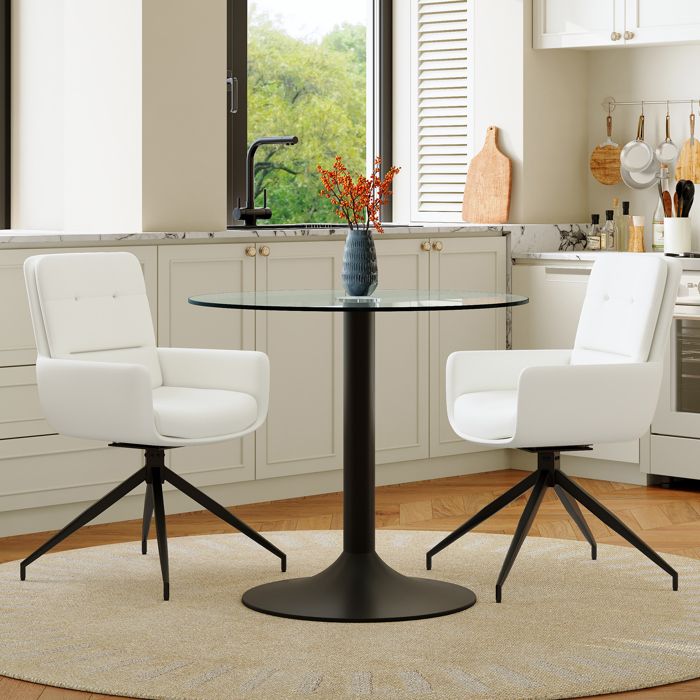 Table à manger ronde en verre - Verre trempé 08 cm - Base métal noir - Chaises pivotantes 360°