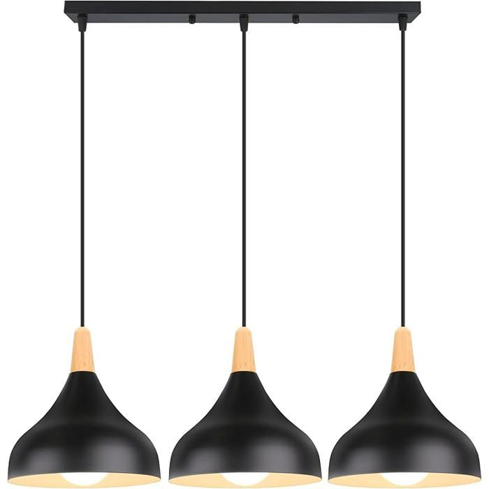 3 Lampes Suspension Rétro Luminaire E27 Lustre Moderne Style Goutte Chapeau Plafonnier Métal Bois Rectangle Noir LUSTRE