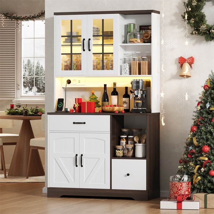 Buffet de cuisine style grange - 185x105x40cm - Armoire haute avec LED APP prises intégrées et tiroirs - Blanc et Naturel