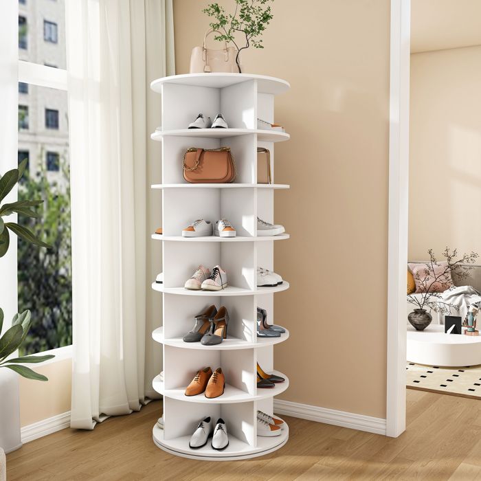 Meuble à chaussures pivotant 7 Niveaux rangement pour 28 Paires rotation 360° - MEUNIQ - Blanc PVC 60×60×161 cm