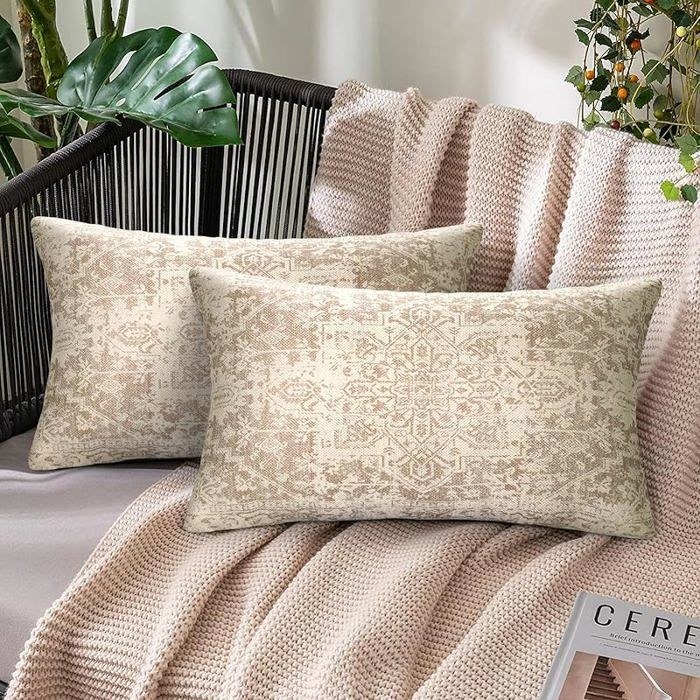 Moderne Housse Coussin Boheme 30x50 Taie Oreiller Rectangulaire Mandala Motif Housses de Coussin 50 x 30 cm (Lot de 2) Beige