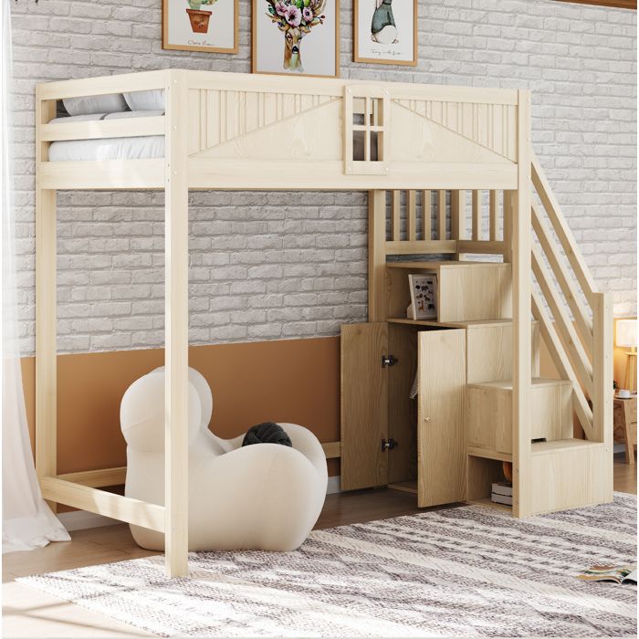 MEULVA Lit mezzanine 90 x 200 cm en bois massif échelle réversible avec rangements bois naturel