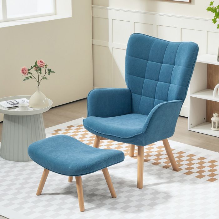 Fauteuil bergère bleu en velours côtelé avec ottomane dossier haut pieds en bois à monter soi-même