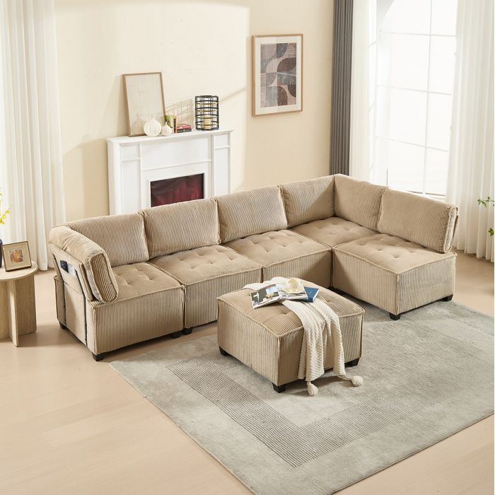 Canapé modulable 6 places en velours côtelé kaki convertible en L U ou couchage avec poches latérales