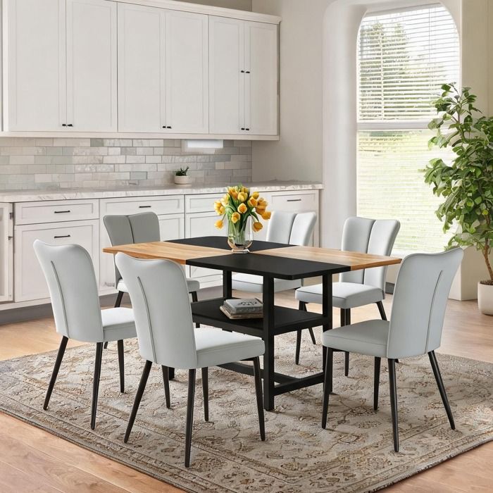 Set de salle à manger 6 places 160 cm avec étagère de rangement métal noir similicuir classic gray plateau MDF marron
