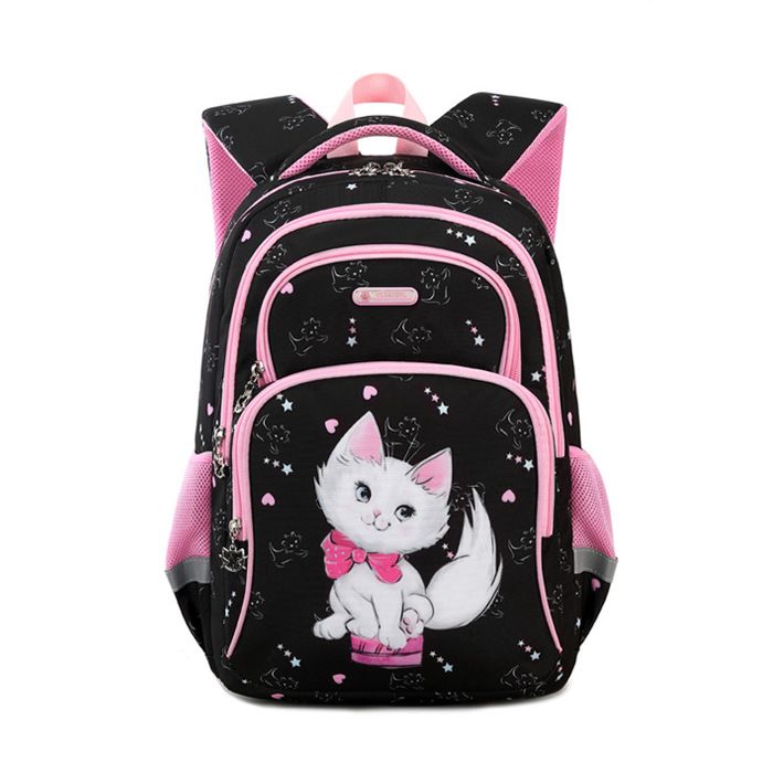 XJYDNCG Cartable Fille Primaire Sac à Dos Enfant Imprimé Chat Mignon Imperméable 42x30x15cm - Noir Rose