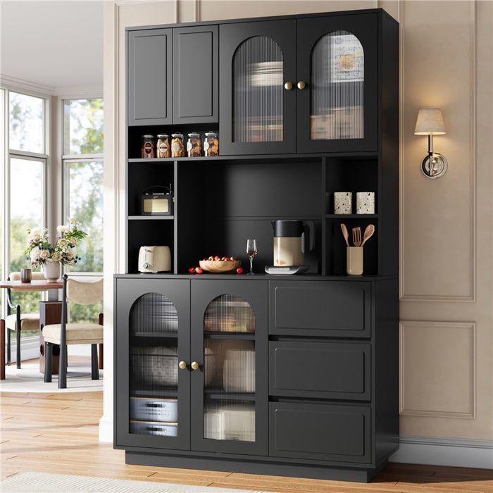 Buffet haut de cuisine - 106x40x175cm - Vaisselier Portes Acrylique Éclairage LED App & 3 Tiroirs - Noir