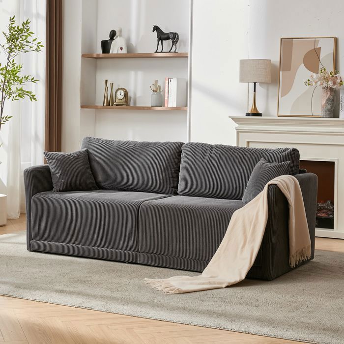 Canapé Convertible 182x88x84cm 2 Places Velours Côtelé Gris - Canapé-Lit