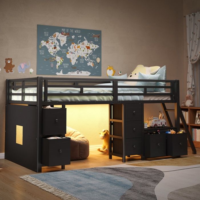 Lit mi-hauteur enfant 90x200 cm avec 7 grands tiroirs en tissu espace de jeu étagères garde-corps intégral LED 7 couleurs - Noir