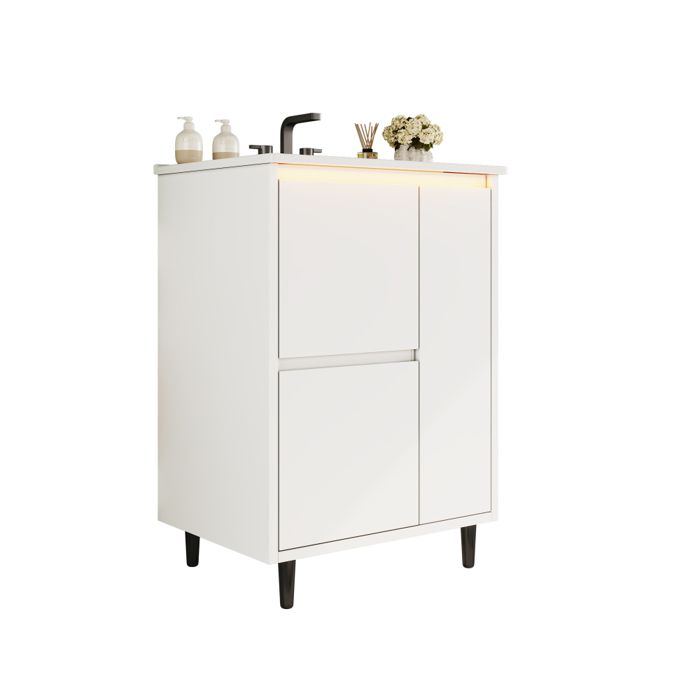 Meuble vasque salle de bain sur pied 61 cm avec lavabo céramique intégré 2 tiroirs finition laquée et fermeture Soft-Close Meuble vasque salle de bain sur pied 61 cm avec lavabo céramique intégré 2 tiroirs finition laquée et fermeture Soft-Close