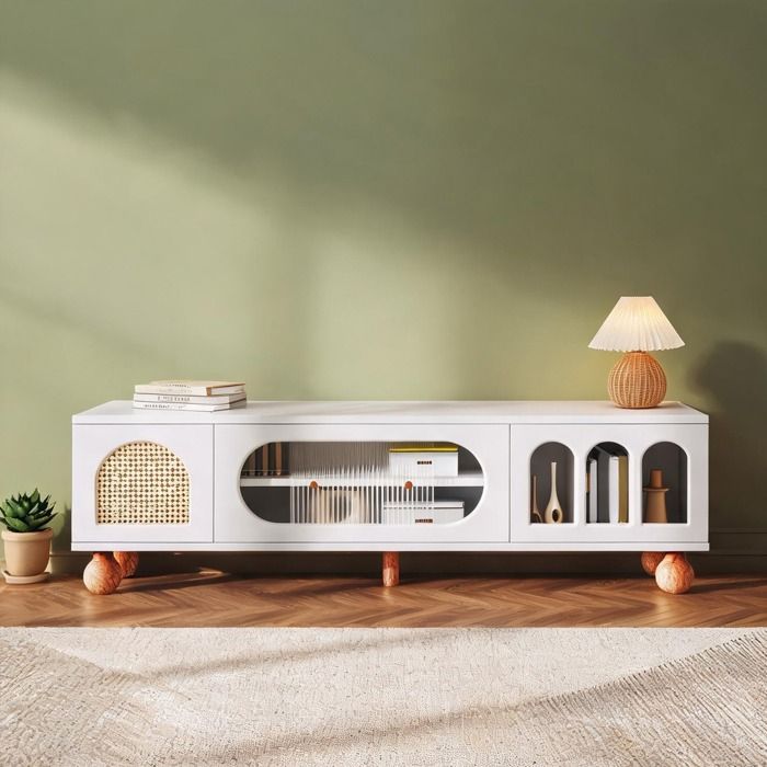 Meuble TV 170 cm rectangulaire en panneaux de particules portes effet rotin et verre coulissant blanc classique 3 niches ouvertes