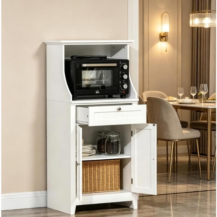 WUVRIE Meuble micro-ondes de cuisine blanc en MDF avec porte tiroir et étagère réglable
