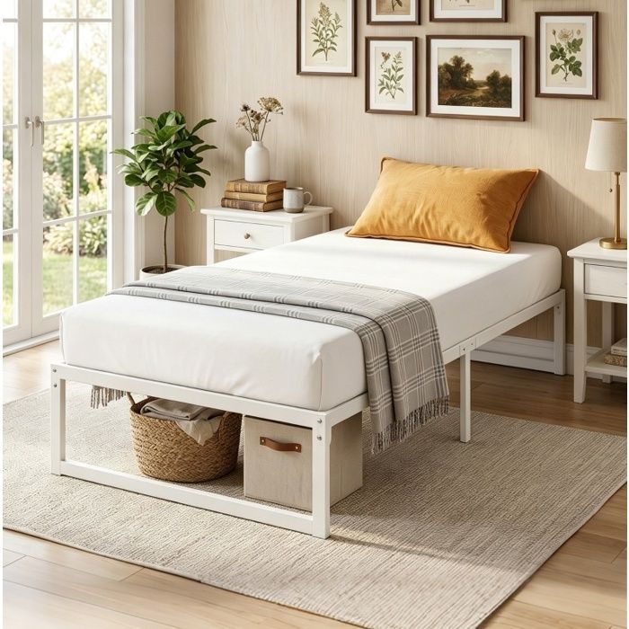 Lit métal 90 x 200 avec rangement sous le lit lattes acier silencieux blanc 325 cm JOINERY