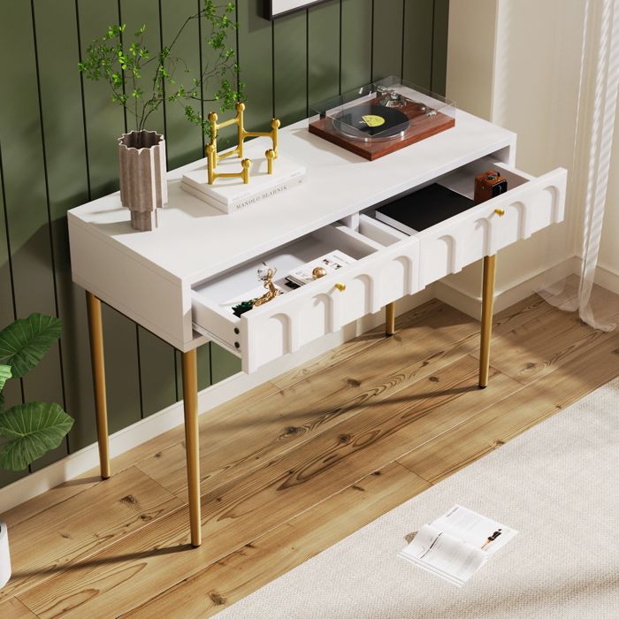 Coiffeuse - ZEVKOR - 100 x 45 x 765 cm - 2 tiroirs - Structure métal et panneaux bois - Blanc crème